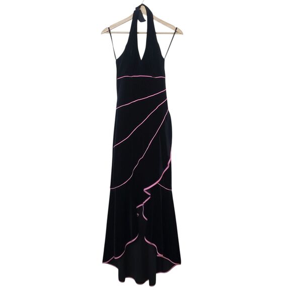 Vtg Betsy & Adam Halter Dress 6 Black Velvet Ruffle Maxi Pink Trim Whimsigoth - Picture 2 of 12